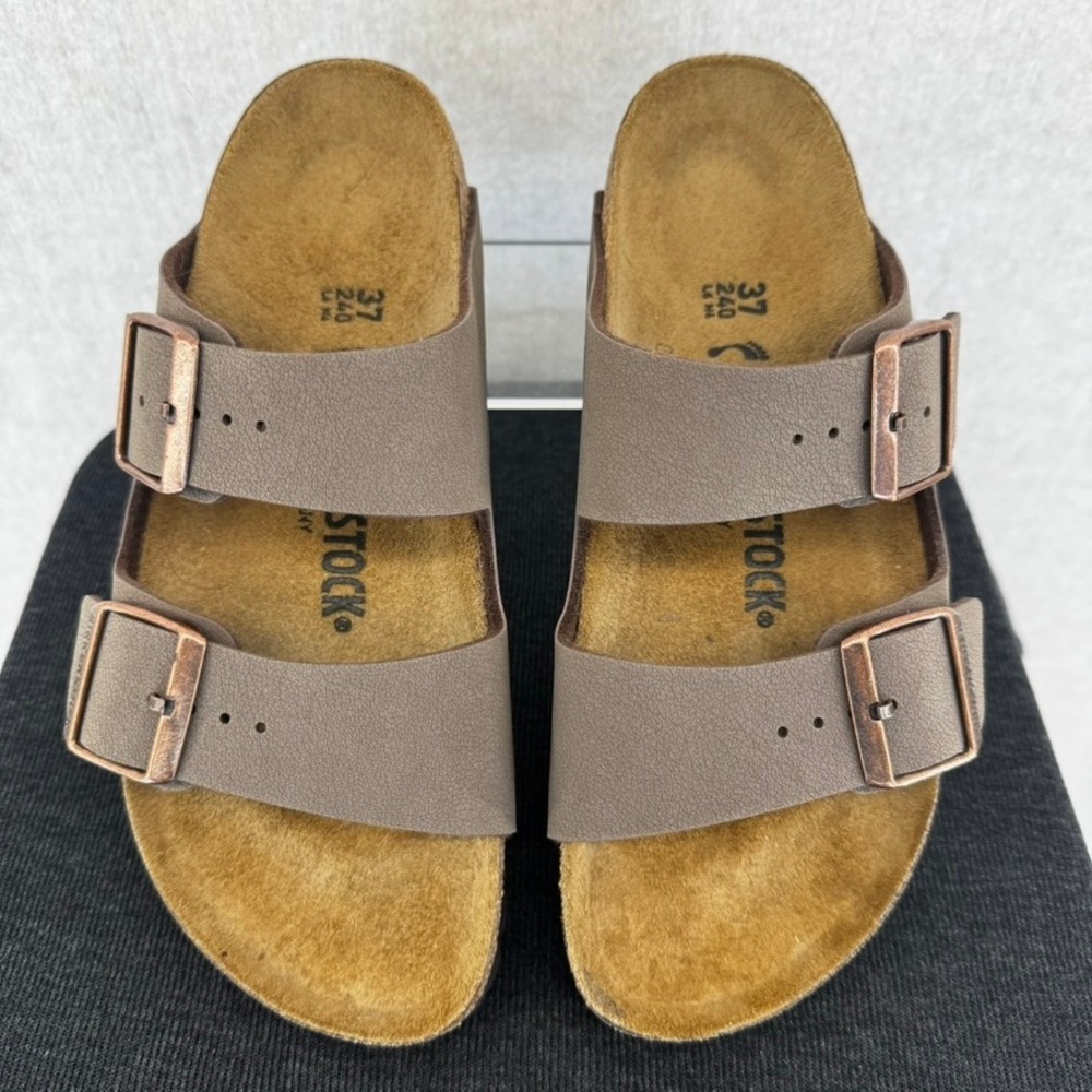 NEW Birkenstock Arizona Mocha Birkibuc Sandals Women 37 Brown Two Strap Slides